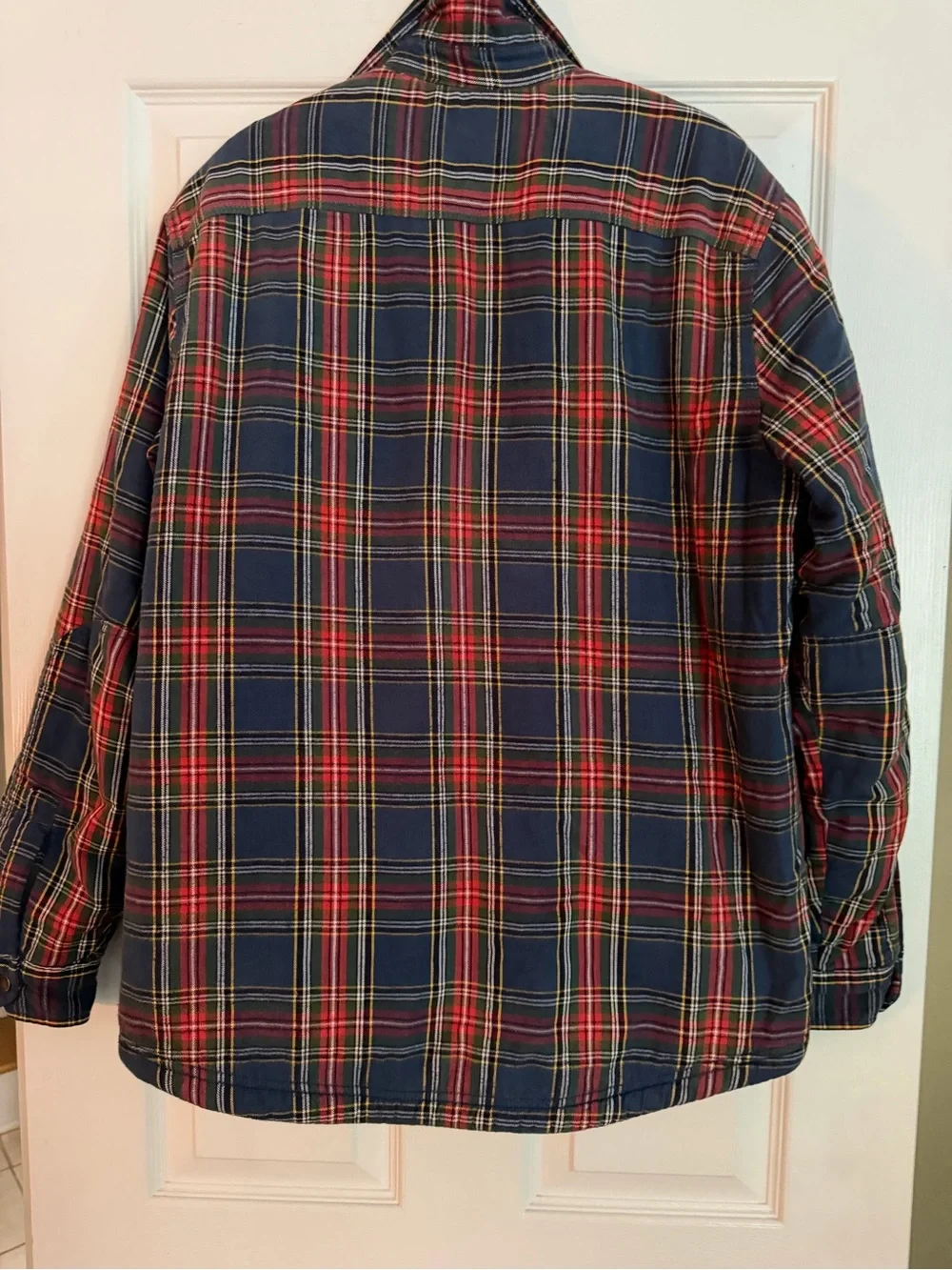 L.L. Bean Men's Navy and Red Plaid Sherpa-Lined Shirt Jacket